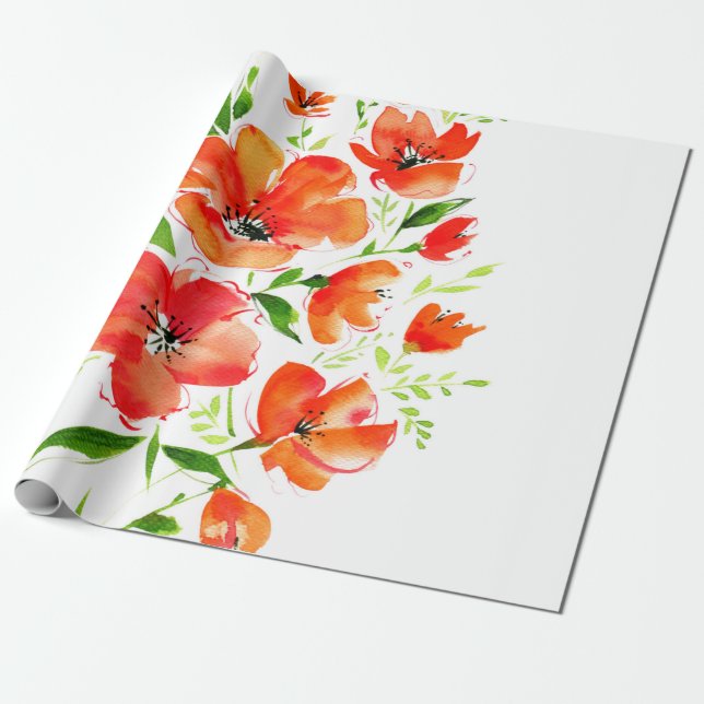 Vattenfärgad bukett av prydnadsvallmoblommor presentpapper (Utrullad)
