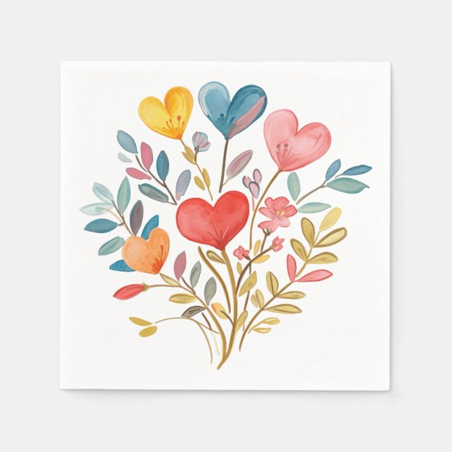 Vattenfärgad bukett med hjärta och löv pappersservett (Framsidan)