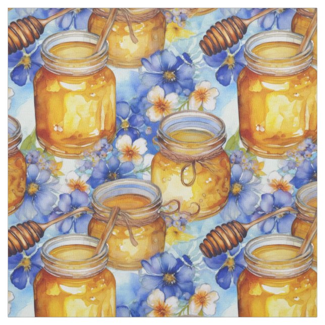 Vattenfärgad Burk honung med Blåa blommor Tyg (Provkarta)