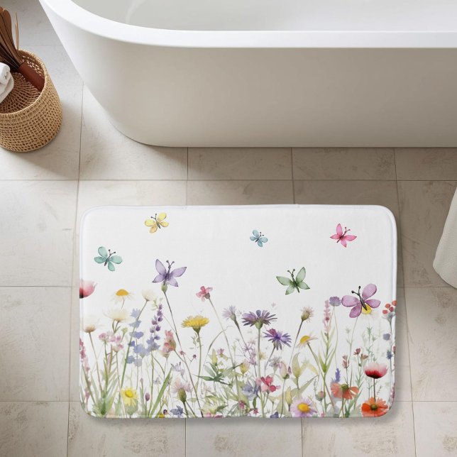 Vattenfärgad buskblomma, fjärilar, ängslig badrumsmatta (Watercolor wildflowers butterflies meadow delicate bath mat)