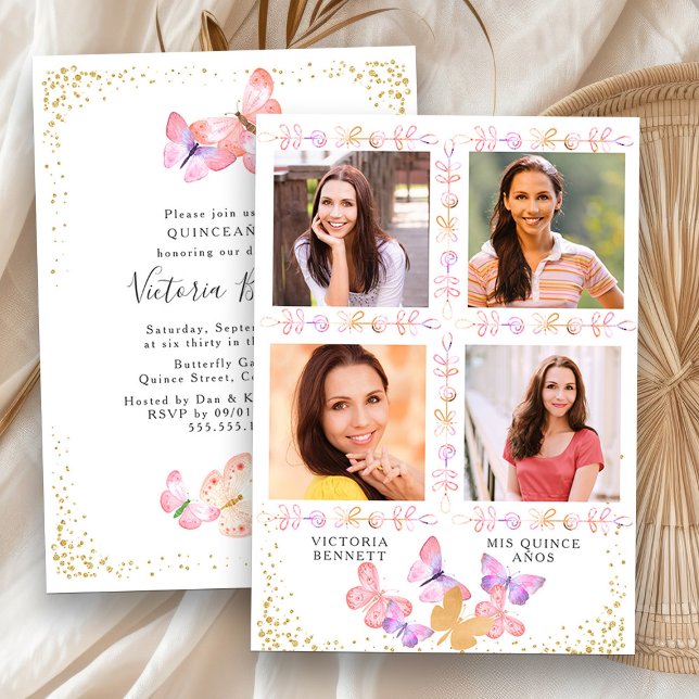 Vattenfärgad Butterfly Quinceanera med 4 foton Inbjudningar (Photo Quinceanera Invitation from Butterfly Skies Quinceanera collection - order printed or digital)