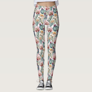 Vattenfärgad Cacti Blooming Succulations Leggings