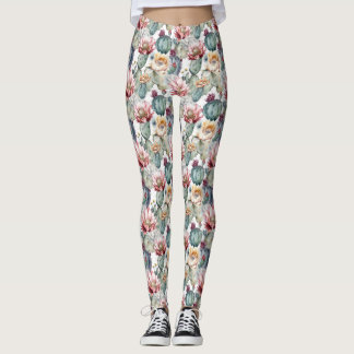 Vattenfärgad Cacti Blooming Succulations Leggings