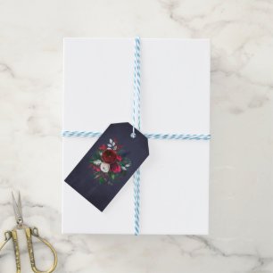 Vattenfärgad Chic Peonies Winter Navy Blue Tack Presentetikett