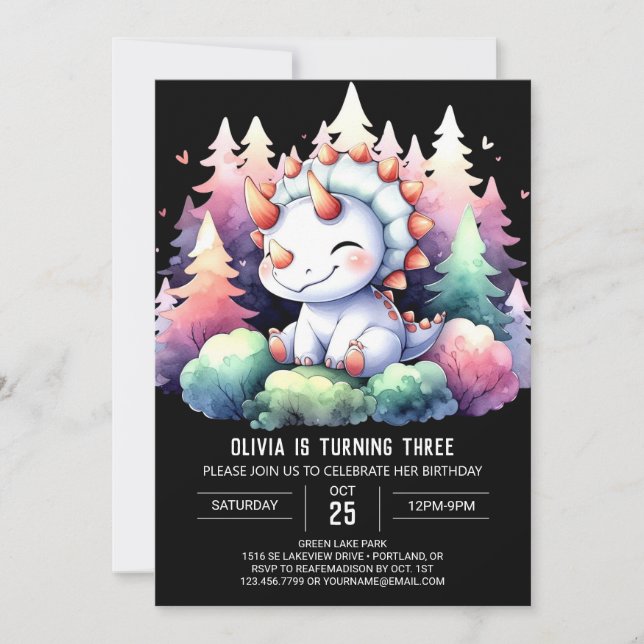 Vattenfärgad Chic Triceratops Birthday Inbjudningar (Framsida)