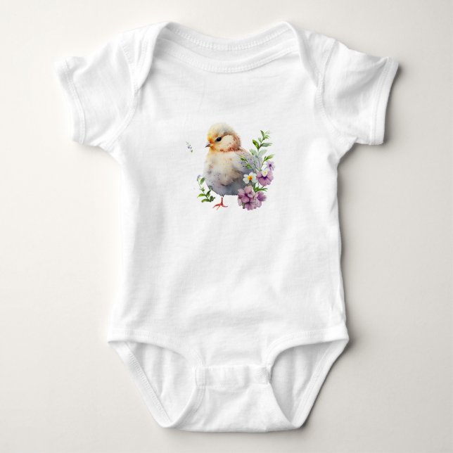 Vattenfärgad Chick med Lila blommor T Shirt (Framsida)