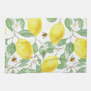 Vattenfärgad citronfrukt, citronfrukt, Blommar och Kökshandduk