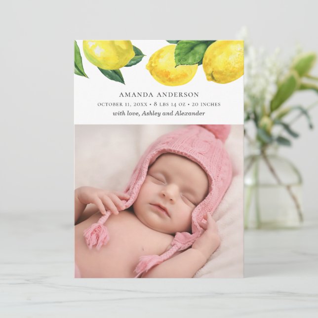 Vattenfärgad citrusträdgård. Nyfödd. Lemonfödsel Meddelande (Stående Fram)