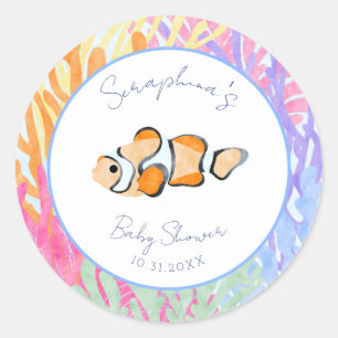 Vattenfärgad clown Fish Coral Baby Shower Runt Klistermärke