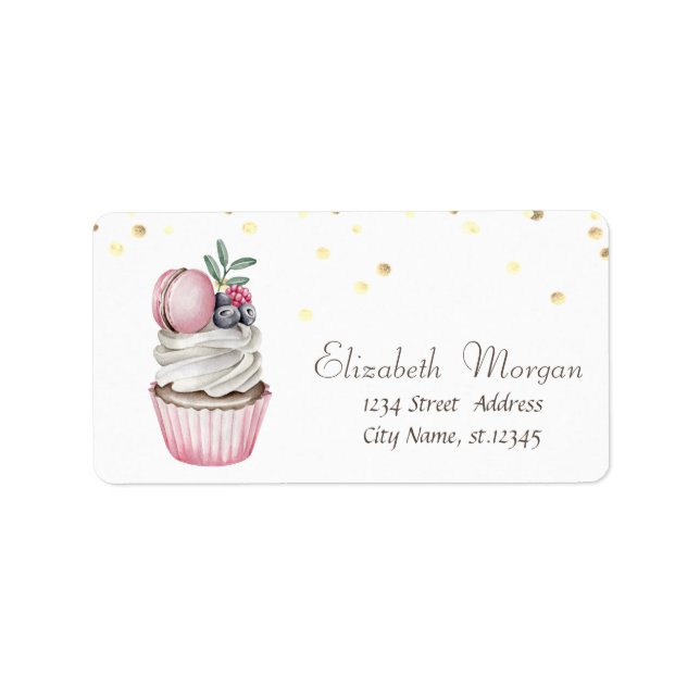 Vattenfärgad Cupkaka Macaron Confetti Adressetikett (Framsidan)