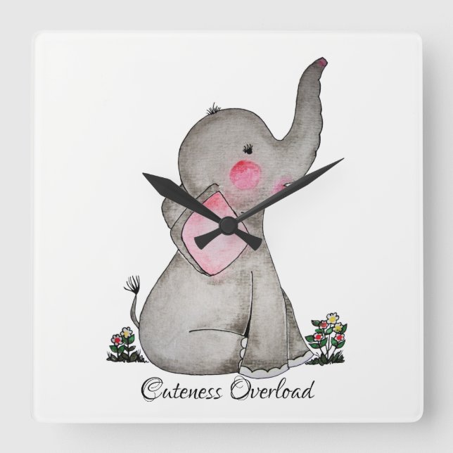Vattenfärgad cute Baby-elefant med  och blommande Fyrkantig Klocka (Framsida)