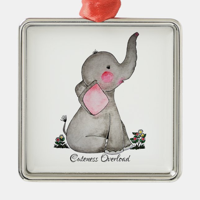 Vattenfärgad cute Baby-elefant med  och blommande Julgransprydnad Metall (Framsidan)