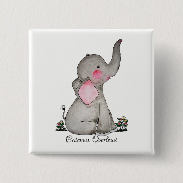 Vattenfärgad cute Baby-elefant med  och blommande Knapp (Framsida)
