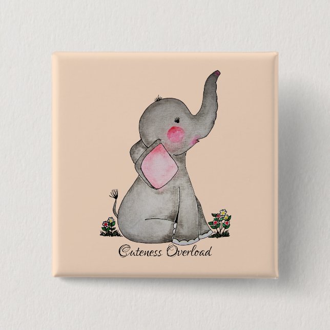 Vattenfärgad cute Baby-elefant med  och blommande Knapp (Framsida)