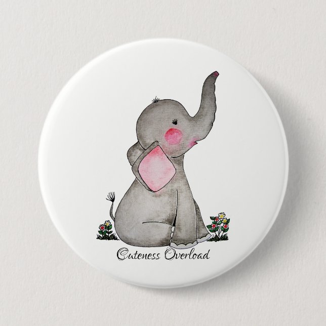 Vattenfärgad cute Baby-elefant med  och blommande Knapp (Framsida)