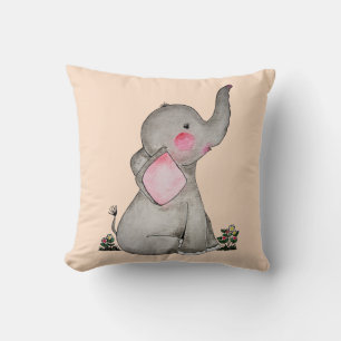 Vattenfärgad cute Baby-elefant med och blommande Kudde