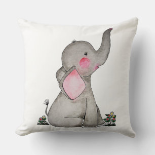 Vattenfärgad cute Baby-elefant med  och blommande Kudde