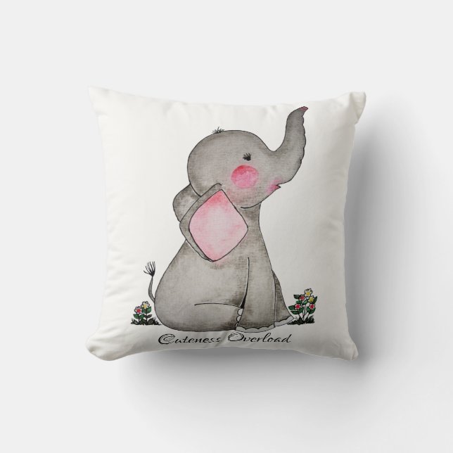 Vattenfärgad cute Baby-elefant med  och blommande Kudde (Framsida)