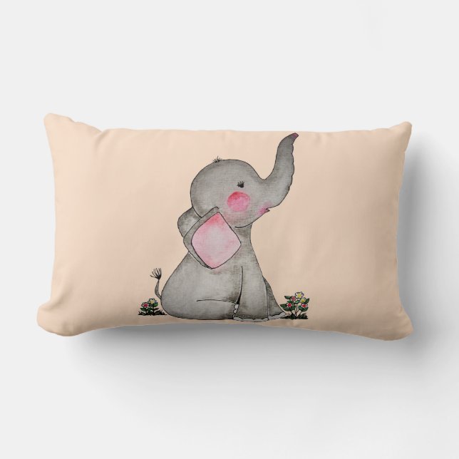 Vattenfärgad cute Baby-elefant med  och blommande Lumbarkudde (Framsida)