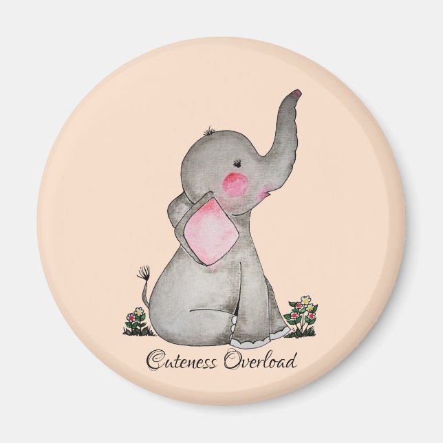 Vattenfärgad cute Baby-elefant med  och blommande Magnet (Framsidan)