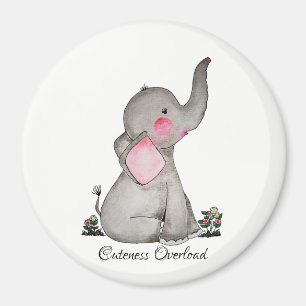 Vattenfärgad cute Baby-elefant med och blommande Magnet