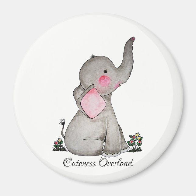 Vattenfärgad cute Baby-elefant med  och blommande Magnet (Framsidan)