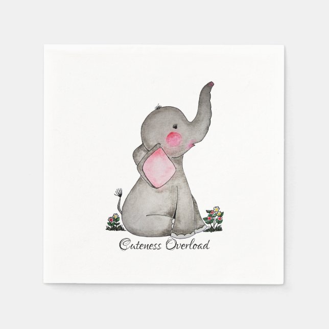 Vattenfärgad cute Baby-elefant med  och blommande Pappersservett (Framsidan)