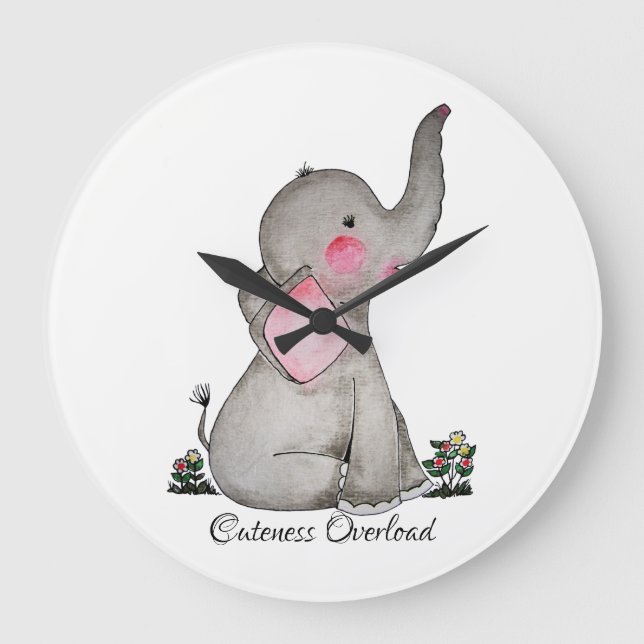 Vattenfärgad cute Baby-elefant med  och blommande Stor Klocka (Framsida)