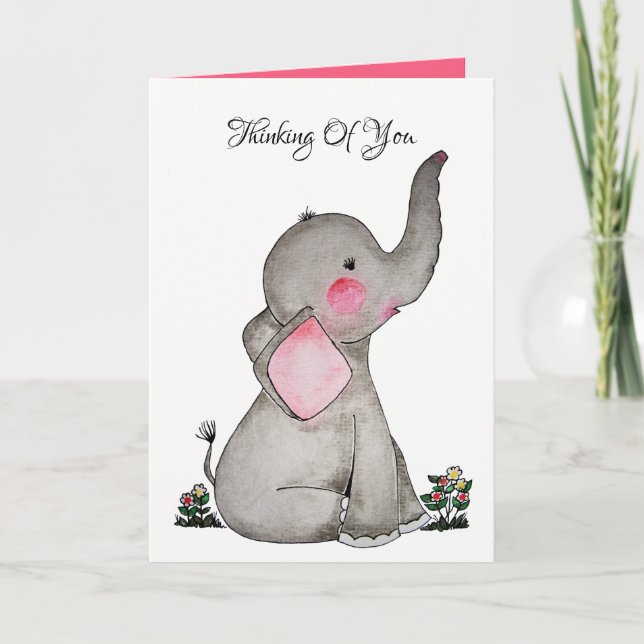 Vattenfärgad cute Baby-elefant med  och blommor Kort (Framsida)