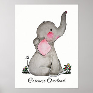 Vattenfärgad cute Baby-elefant med och blommor Poster