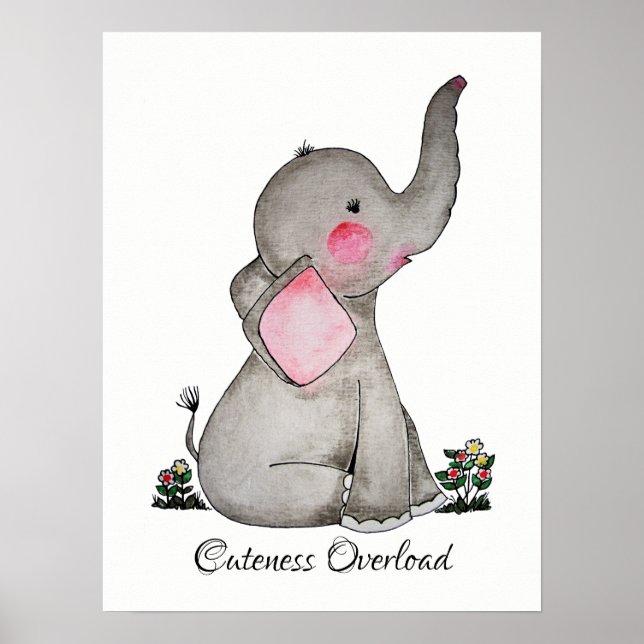 Vattenfärgad cute Baby-elefant med  och blommor Poster (Framsidan)