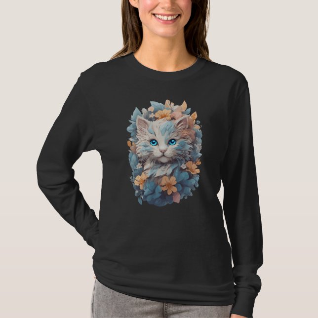 Vattenfärgad Cute Blommigt Cat Stänk T Shirt (Framsida)