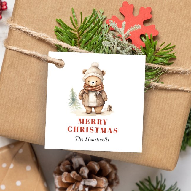 Vattenfärgad Cute Brown Bear-Helgdag Gåvor Etiketter (Skapare uppladdad)