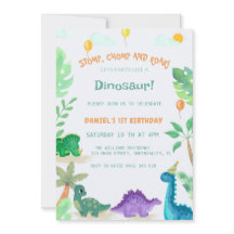 Vattenfärgad cute Dinosaur 1:a födelsedagsinbjudan