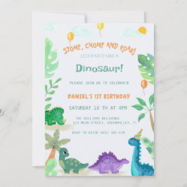 Vattenfärgad cute Dinosaur 1:a födelsedagsinbjudan Inbjudningar