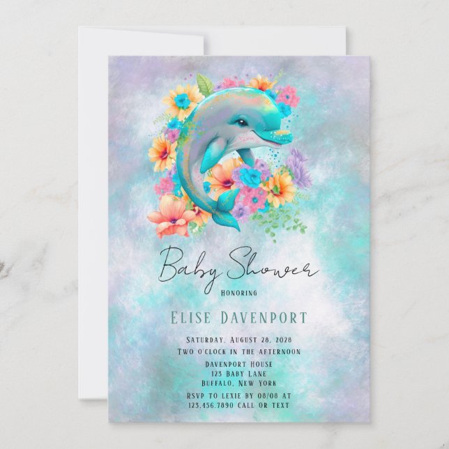 Vattenfärgad cute Dolphin och Blommigt Baby Shower Inbjudningar (Framsida)
