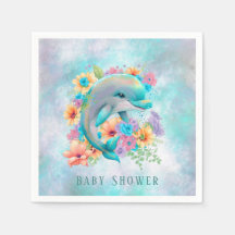 Vattenfärgad cute Dolphin och Blommigt Baby Shower