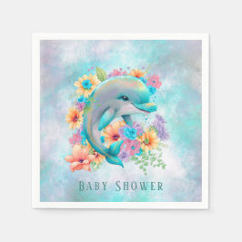 Vattenfärgad cute Dolphin och Blommigt Baby Shower Pappersservett