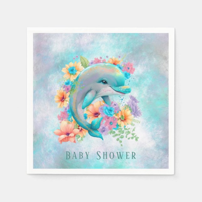 Vattenfärgad cute Dolphin och Blommigt Baby Shower Pappersservett (Framsidan)
