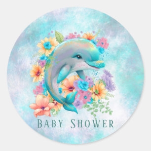 Vattenfärgad cute Dolphin och Blommigt Baby Shower Runt Klistermärke