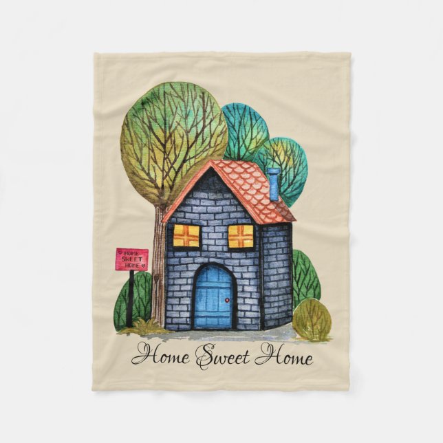 Vattenfärgad cute Home Sweet Home Art Fleecefilt (Framsidan)