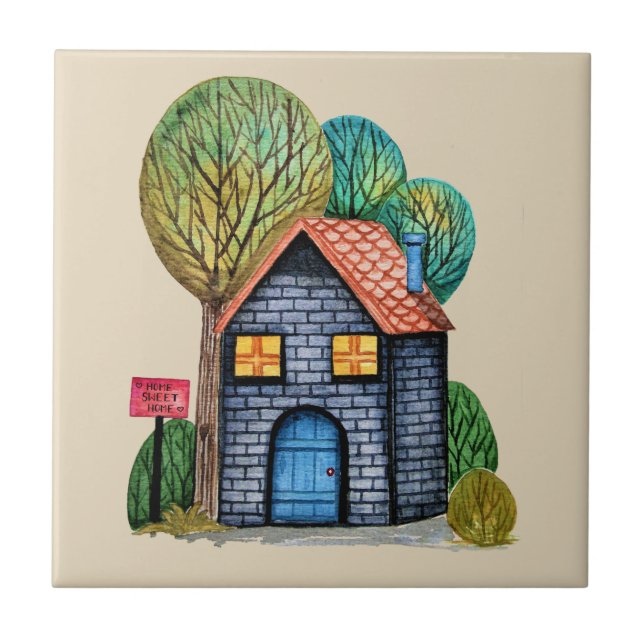 Vattenfärgad cute Home Sweet Home Art Kakelplatta (Framsidan)
