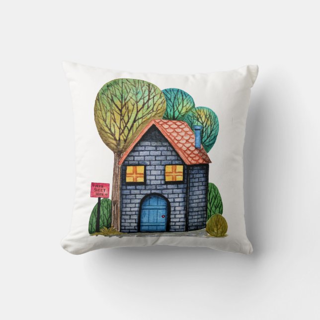 Vattenfärgad cute Home Sweet Home Art Kudde (Framsida)
