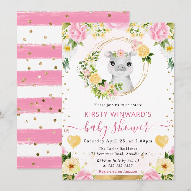 Vattenfärgad Cute Jungle Hippo Baby Shower Inbjudningar (Fram/baksida)