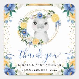 Vattenfärgad Cute Jungle Hippo Blommigt Baby Showe Fyrkantigt Klistermärke