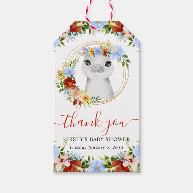 Vattenfärgad Cute Jungle Hippo Blommigt Baby Showe Presentetikett (Framsidan)