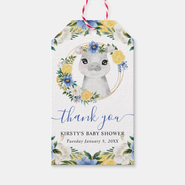 Vattenfärgad Cute Jungle Hippo Blommigt Baby Showe Presentetikett (Framsidan)