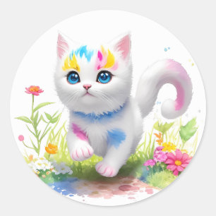 Vattenfärgad cute-katt runt klistermärke