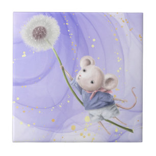 Vattenfärgad cute Mouse som flyger Dandelion Art Kakelplatta