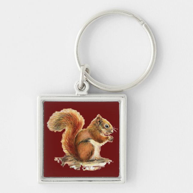 Vattenfärgad Cute Red Squirrel Animal Natur Fyrkantig Silverfärgad Nyckelring (Framsidan)
